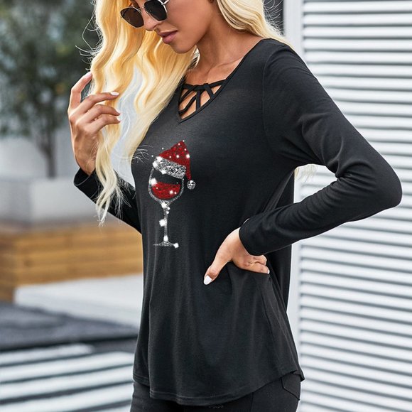 Christmas Santa Hat Wine Glass Criss Cross Vneck Shirt - Picture 2 of 8